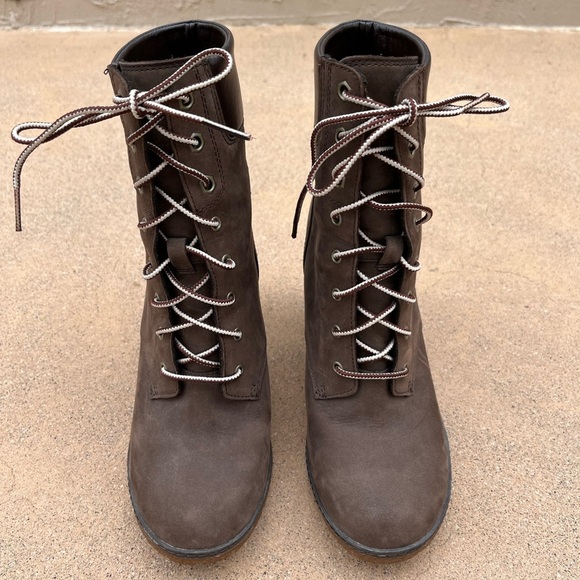 TIMBERLAND Glancy Heeled Boot Brown Lug Sole Lace Up 7.5 LIKE NEW Revolve 6” - Picture 3 of 14